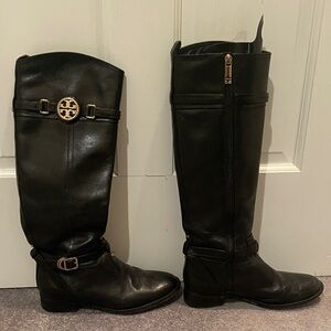 Tory Burch Black Leather Boots with Gold Emblem